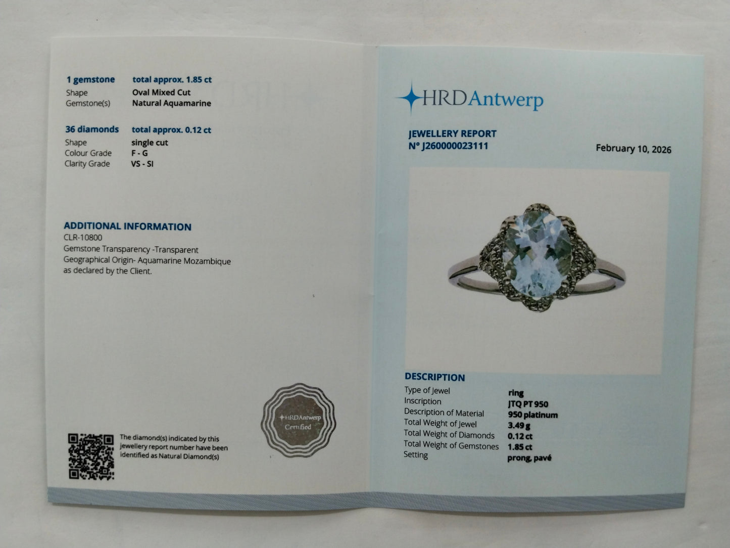 1.97 Ct Oval Mixed Cut Natural Aquamarine 950 Platinum Ring
