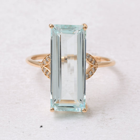 5.90 Ct Rectangle Step Cut Natural Aquamarine 14K Gold Ring