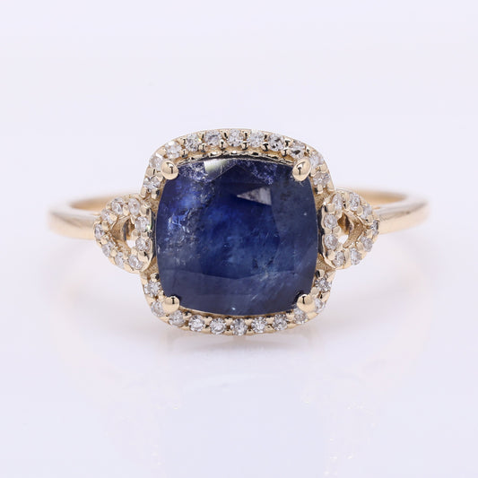 3.60 Ct Cushion Mixed Cut Natural Sapphire 14K Gold Ring