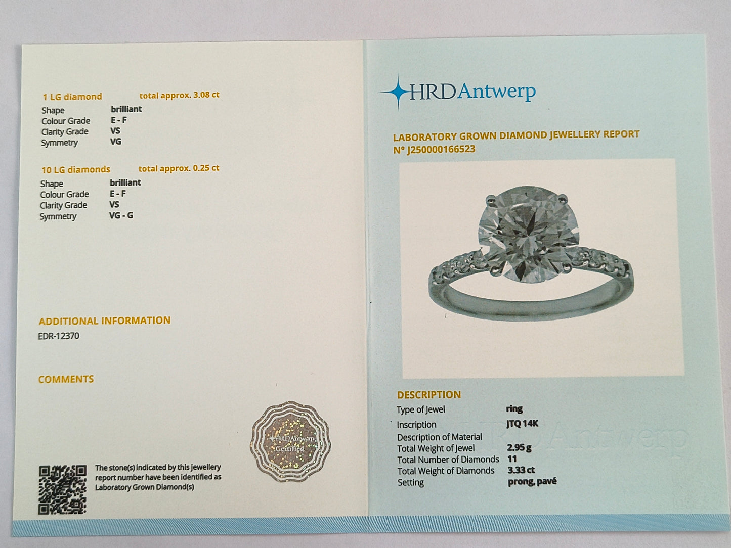 3.33 Carats Lab Grown Diamond 14K Gold Ring