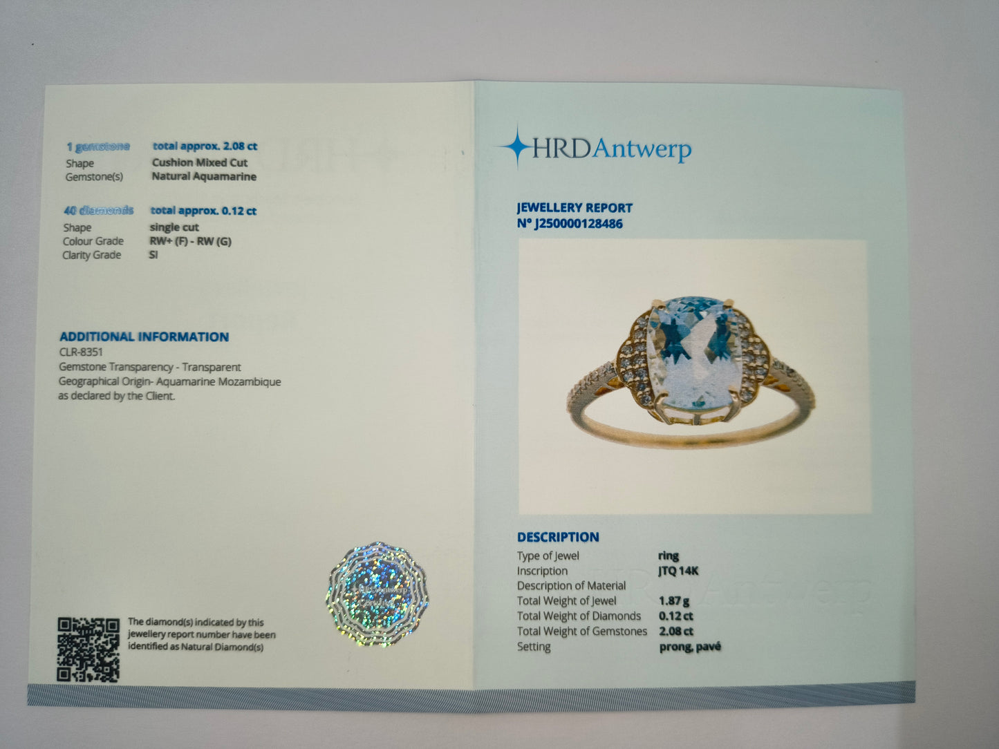 2.20 Ct Cushion Natural Aquamarine 14K Gold Ring