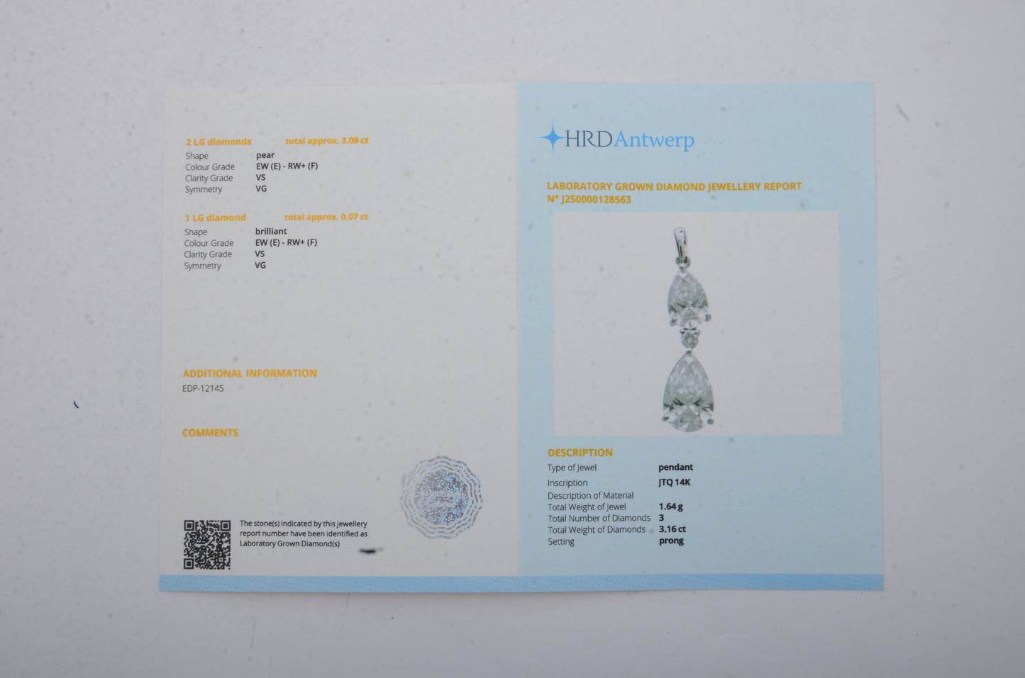 3.16 Carats Lab Grown Diamond 14K Gold Pendant
