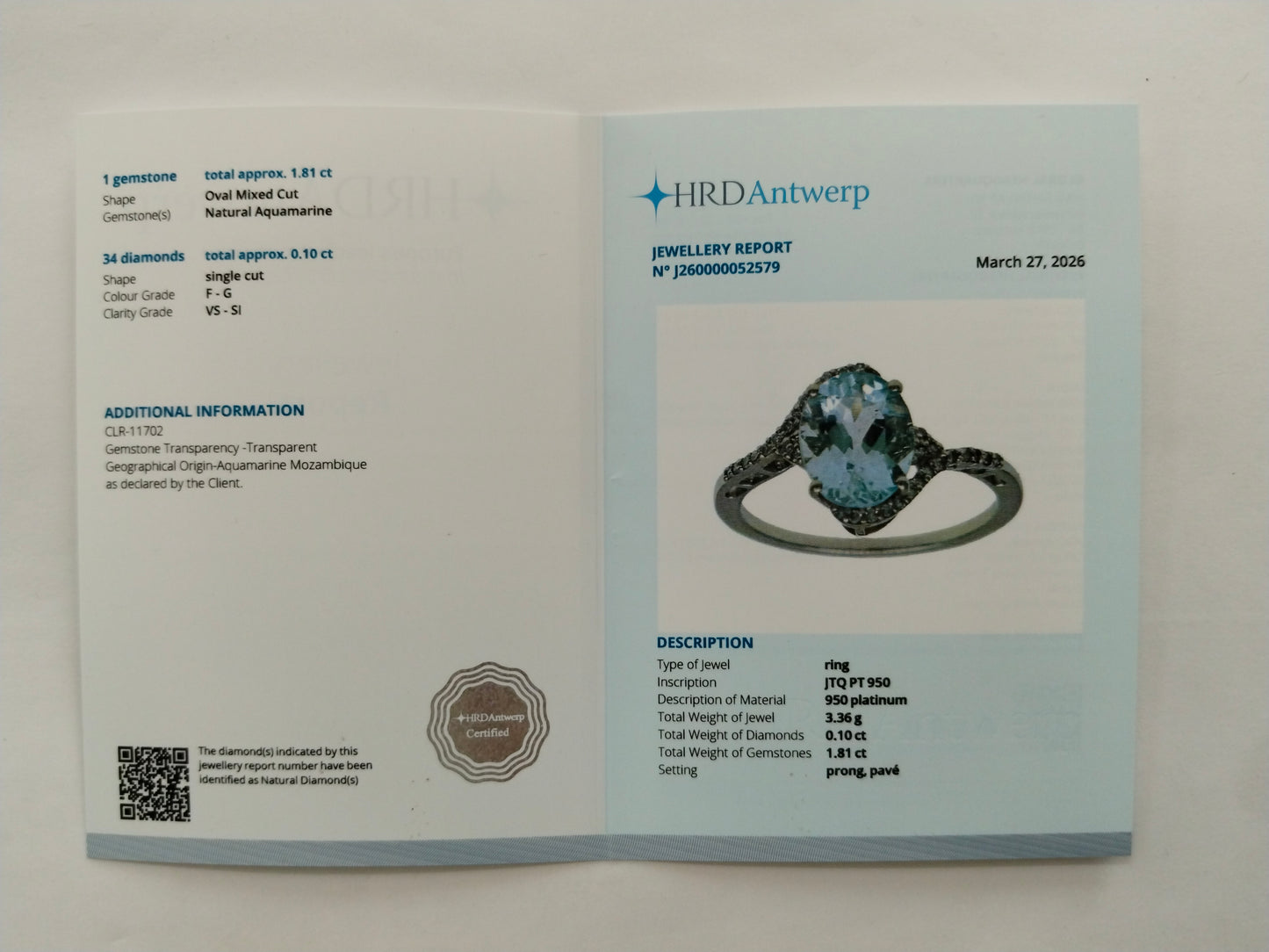 1.91 Ct Oval Mixed Cut Natural Aquamarine 950 Platinum Ring