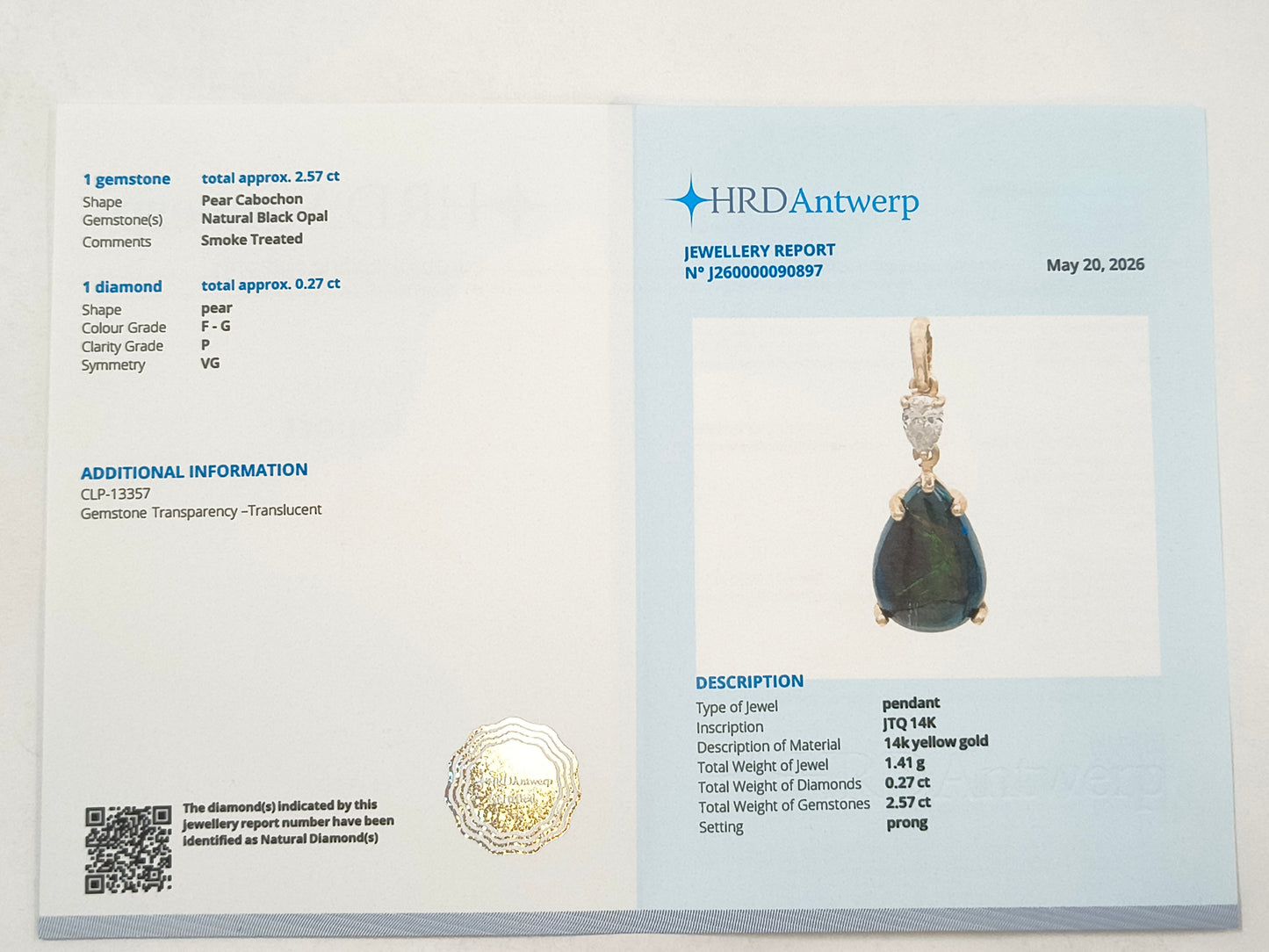 2.84 Ct Pear Black Opal 14K Gold Pendant