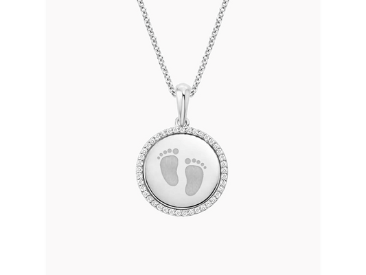 14K White Gold Little Footprints Diamond Disc Pendant 1/6 ctw