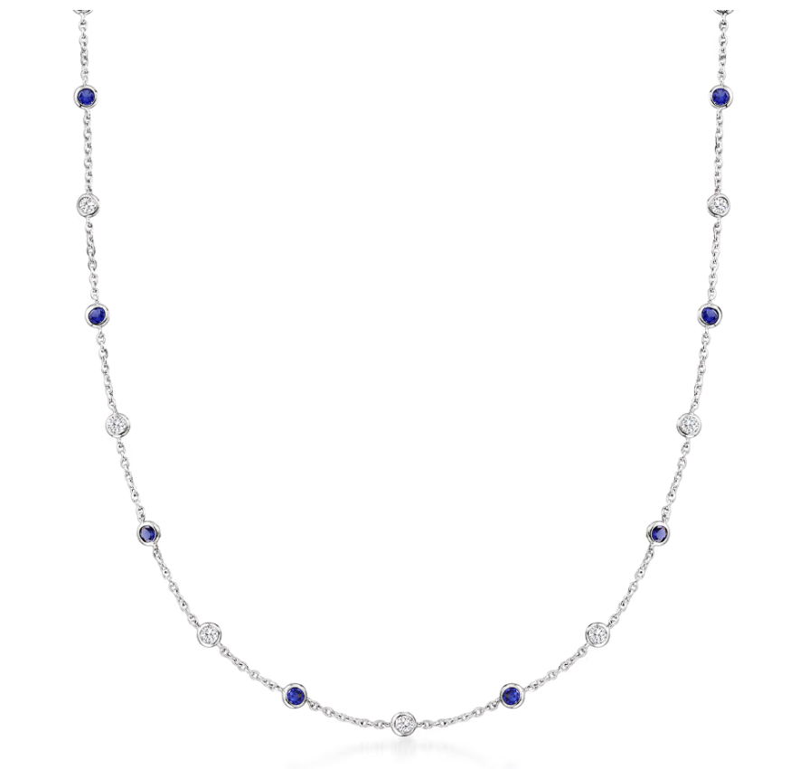 2.30 ctw CZ and 2.00 ctw Simulated Sapphire Station Necklace in Sterling Silver