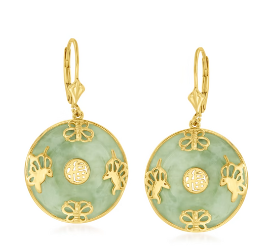 Jade "Good Fortune" Butterfly Drop Earrings in 18kt Gold Over Sterling