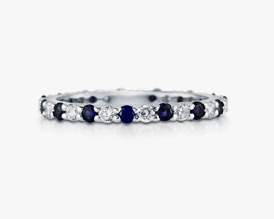 Simulated Blue Sapphire Pave Set CZ Eternity Ring in Sterling Silver