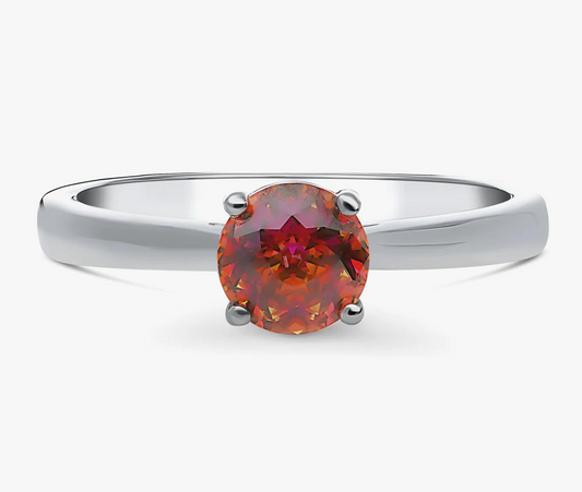 Solitaire Red Orange Round CZ Ring in Sterling Silver 0.8ct