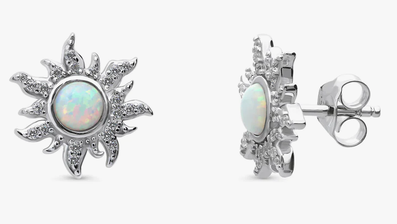 Sun Sunburst Simulated Opal CZ Stud Earrings in Sterling Silver