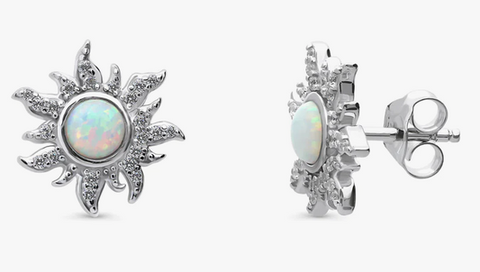 Sun Sunburst Simulated Opal CZ Stud Earrings in Sterling Silver
