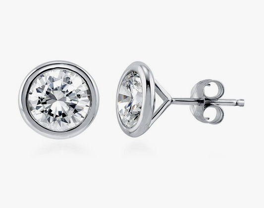 Solitaire Bezel Set Round CZ Stud Earrings in Sterling Silver