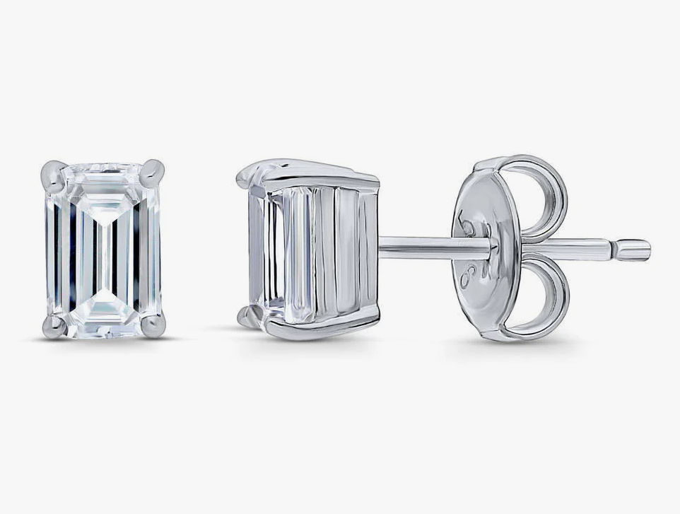 Solitaire Emerald Cut CZ Stud Earrings in Sterling Silver