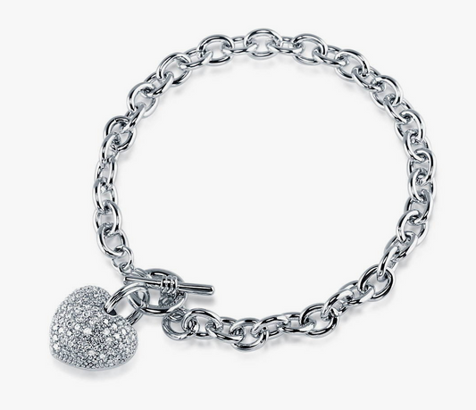 Heart CZ Toggle Charm Bracelet in Silver-Tone