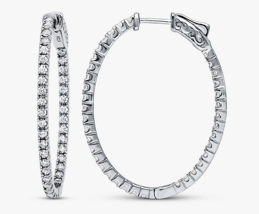 Oval CZ Medium Inside-Out Hoop Earrings in Sterling Silver 1.4"