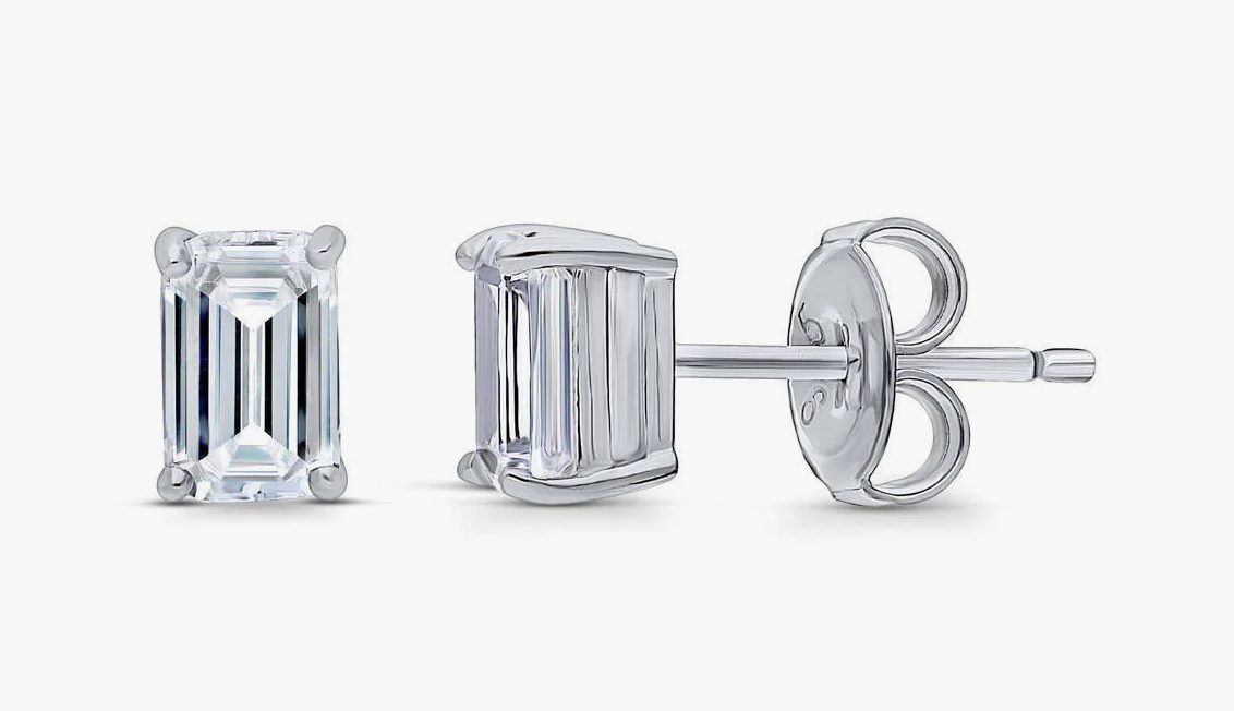 Solitaire Emerald Cut CZ Stud Earrings in Sterling Silver