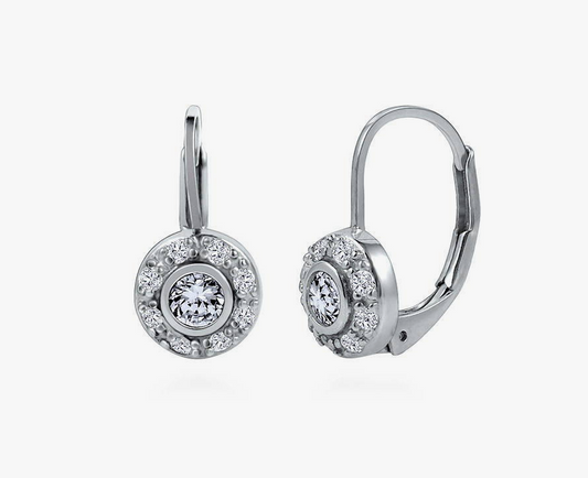 Halo Round CZ Leverback Dangle Earrings in Sterling Silver