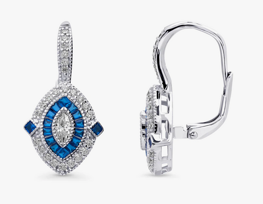 Navette Halo CZ Statement Leverback Dangle Earrings in Sterling Silver