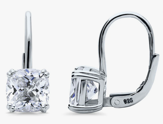 Solitaire 4ct Cushion CZ Leverback Dangle Earrings in Sterling Silver