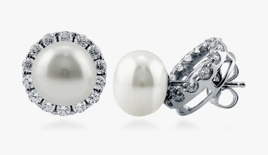Halo White Button Cultured Pearl Stud Earrings in Sterling Silver