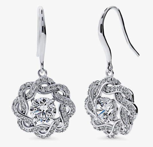 Flower Woven CZ Fish Hook Dangle Earrings in Sterling Silver