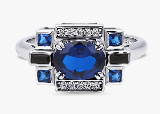 Art Deco Simulated Blue Sapphire CZ Ring in Sterling Silver