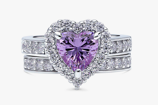 Halo Heart Purple CZ Statement Ring Set in Sterling Silver