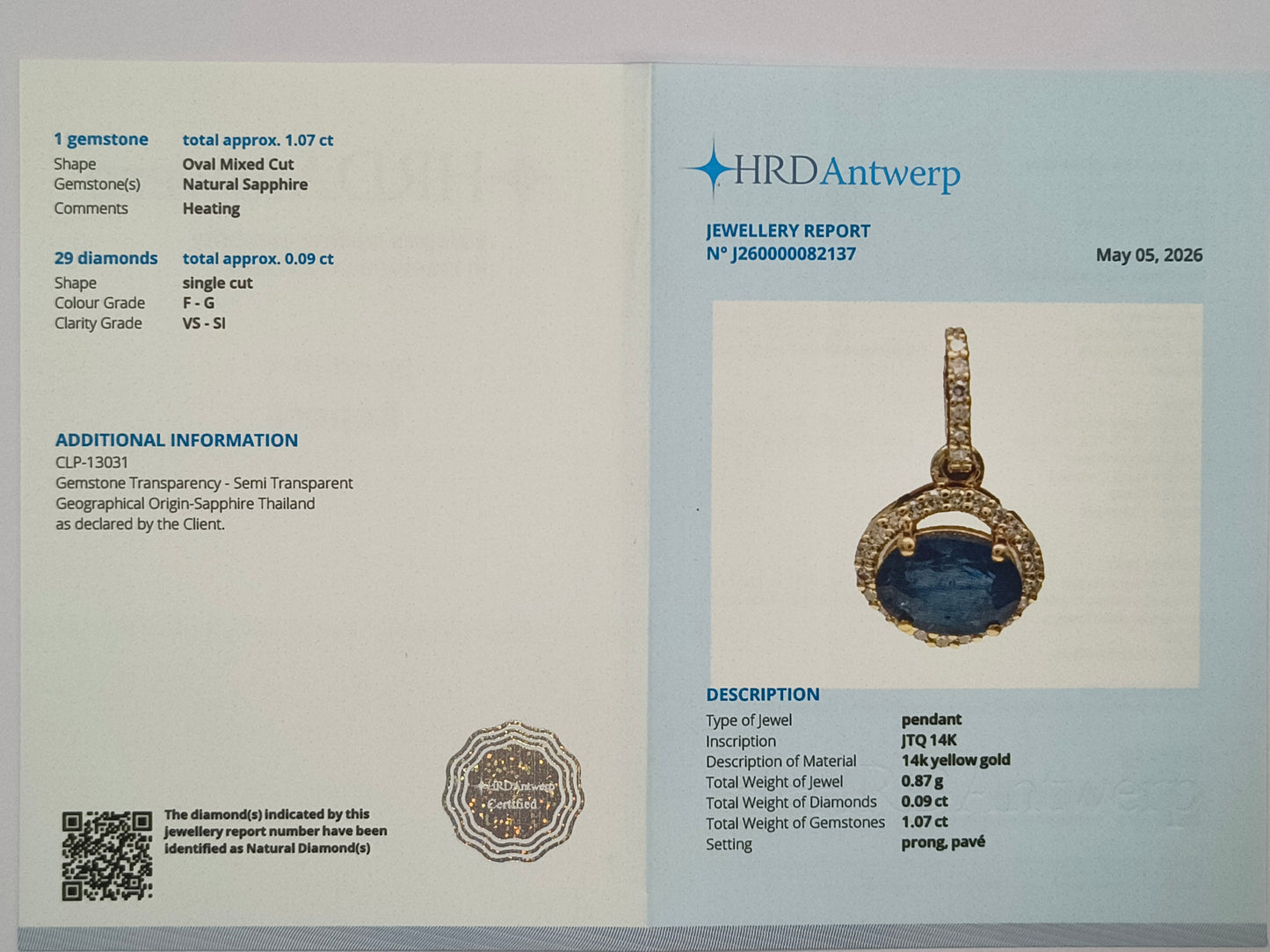 1.16 Ct Oval Mixed Cut Natural Sapphire 14K Gold Pendant