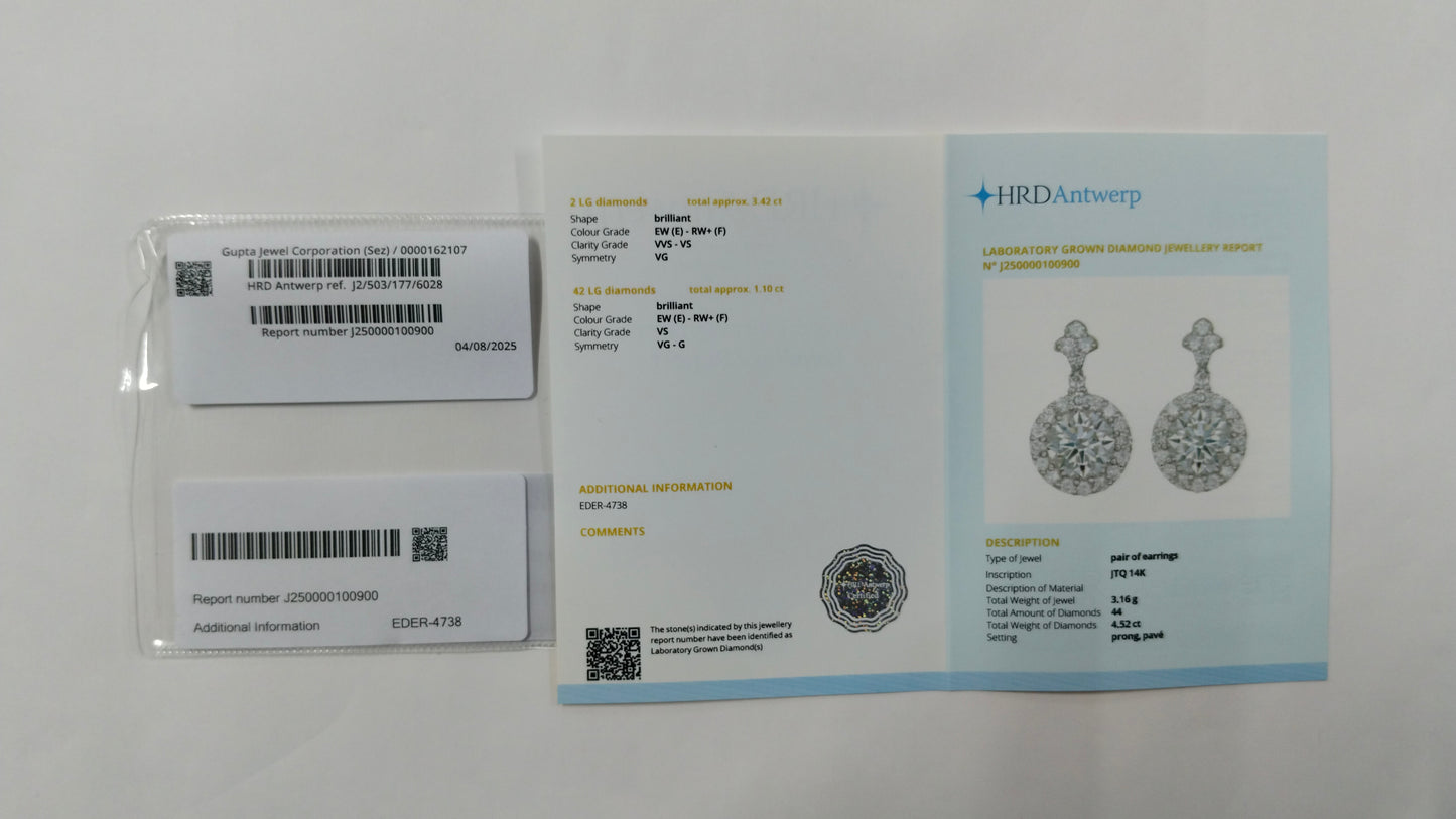 4.52 Carats Lab Grown Diamond 14K Gold Earrings