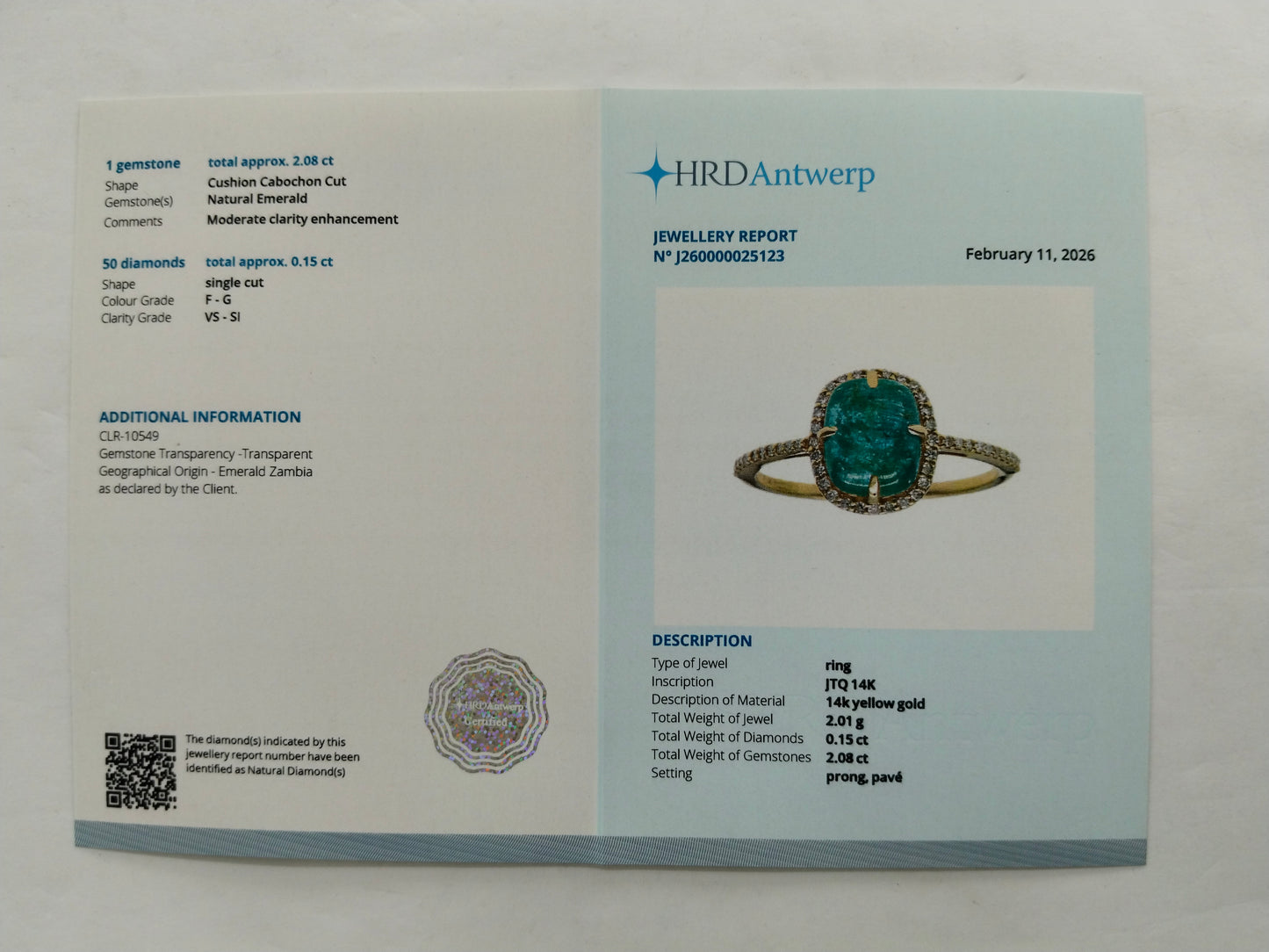 2.23 Ct Cushion Cabochon Cut Natural Emerald 14K Gold Ring