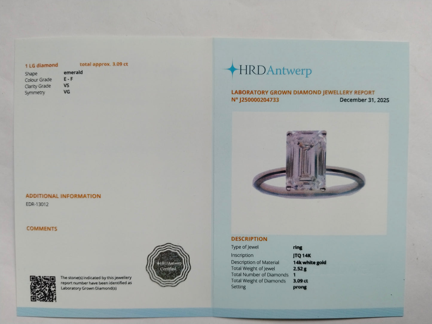 3.09 Carats Lab Grown Diamond 14K Gold Ring