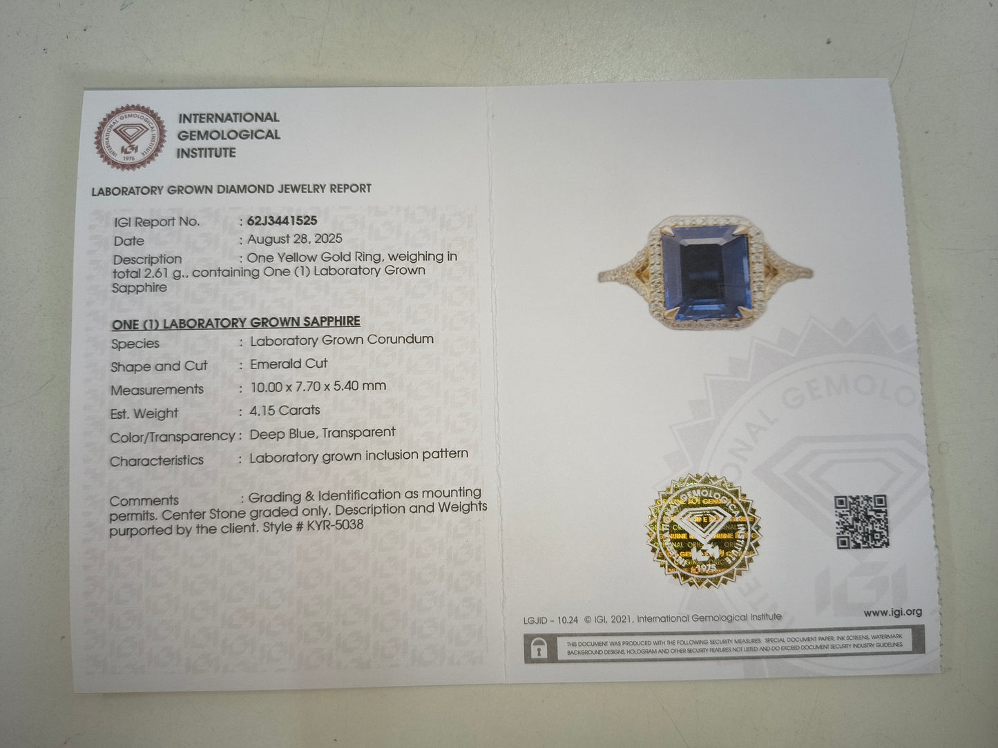 4.39 Ct Emerald Cut Lab Grown Sapphire 14K Gold Ring