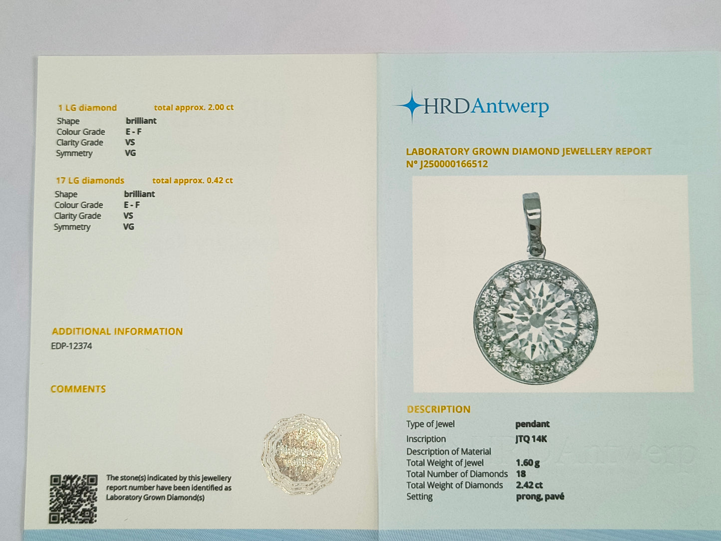 2.42 Carats Lab Grown Diamond 14K Gold Pendant