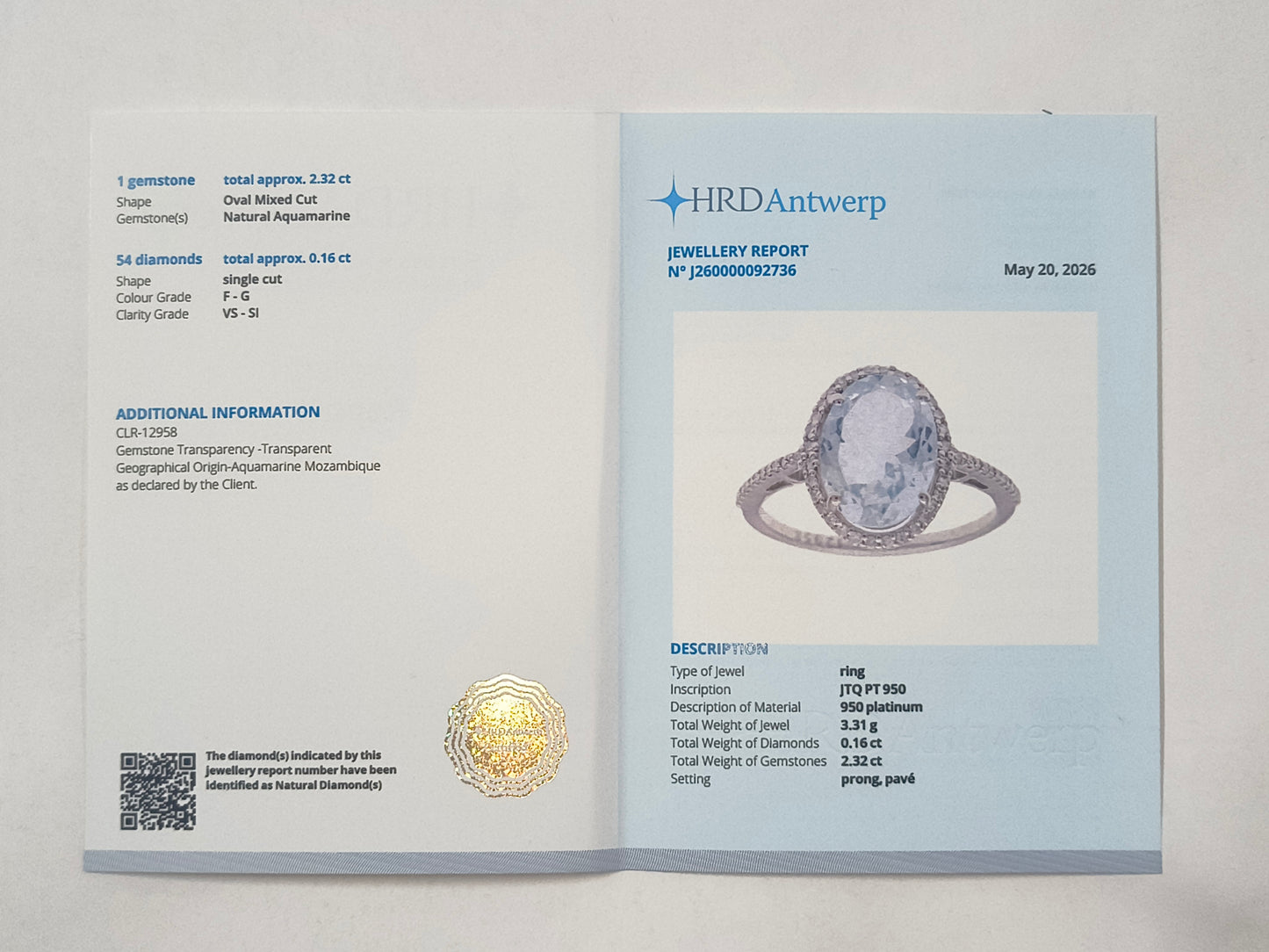 2.48 Ct Oval Aquamarine 950 Platinum Ring