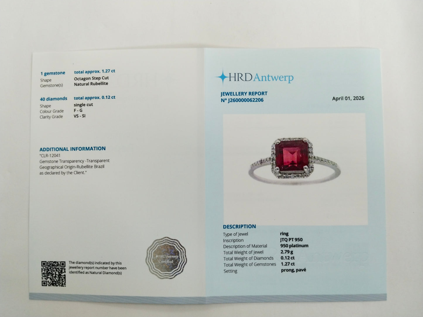 1.39 Ct Octagon Step Cut Natural Rubellite 950 Platinum Ring