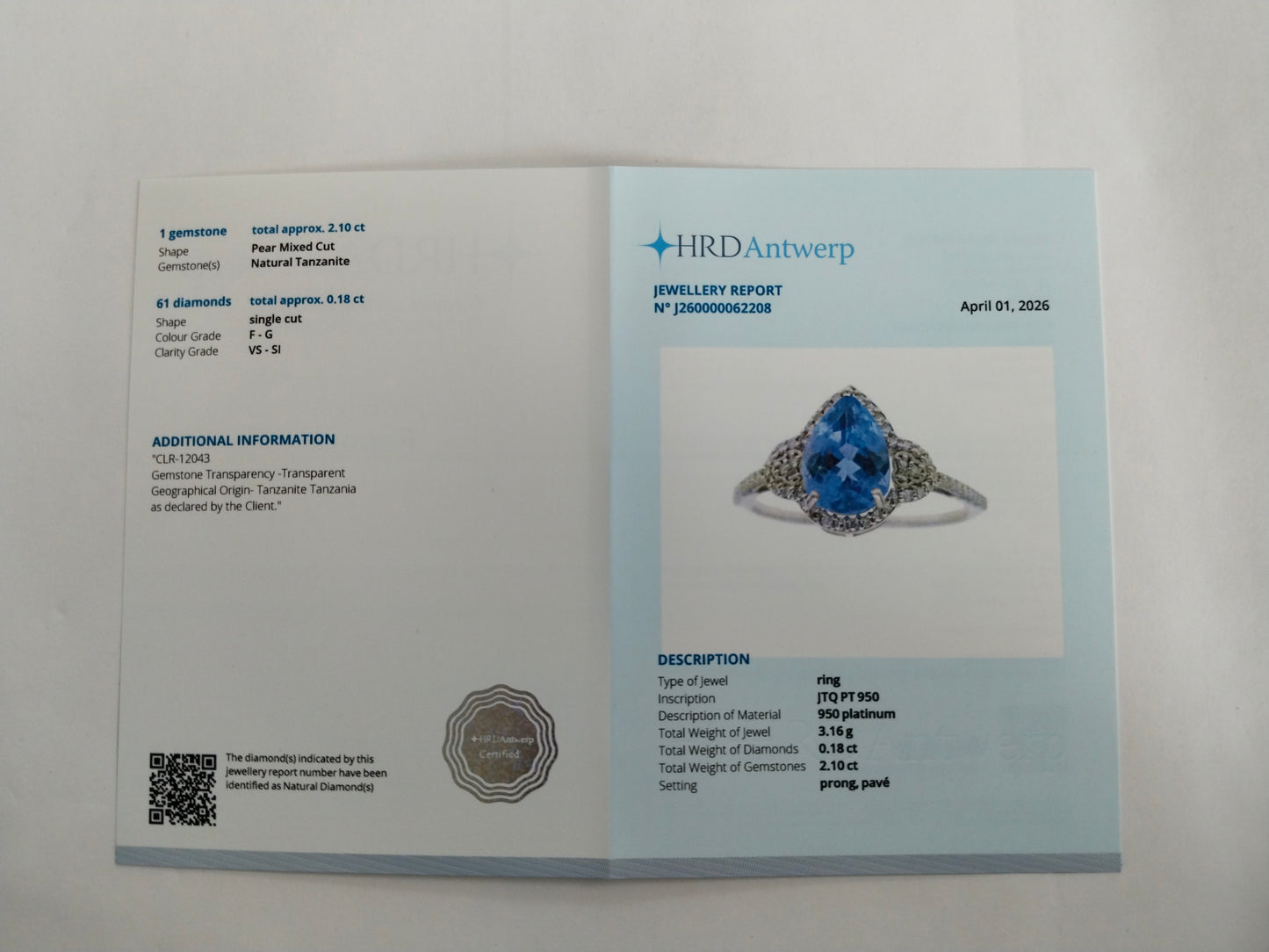2.28 Ct Pear Mixed Cut Natural Tanzanite 950 Platinum Ring