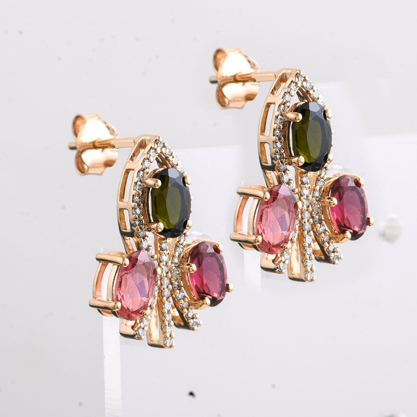 3.20 Ct Oval Mixed Cut Natural Multi-Coloured Tourmaline 14K Gold Earrings