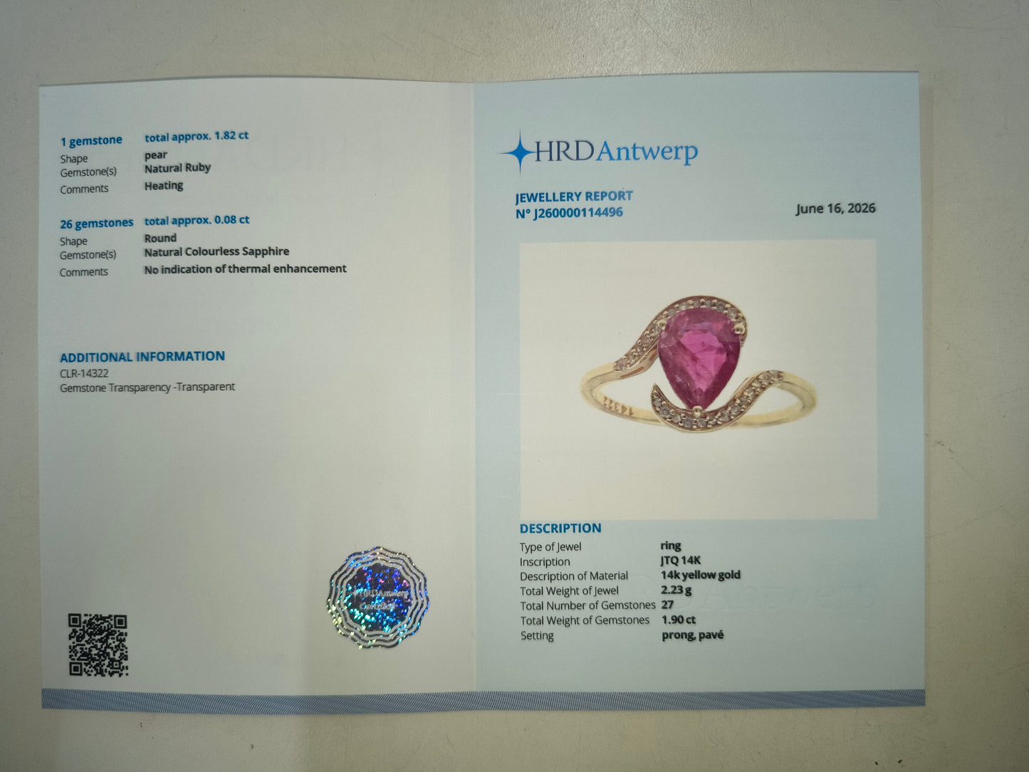 1.90 Ct Pear Natural Ruby 14K Gold Ring