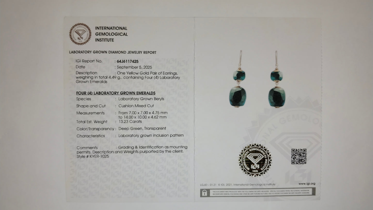 13.23 Ct Cushion Mixed Cut Lab Grown Emerald 14K Gold Earrings