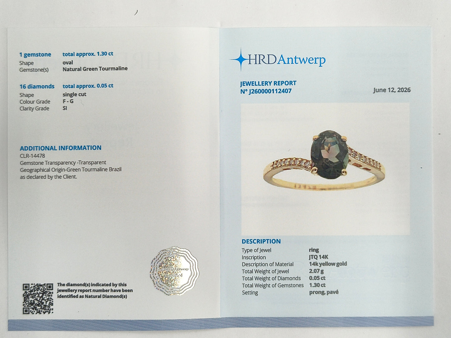 1.35 Ct Oval Natural Green Tourmaline 14K Gold Ring