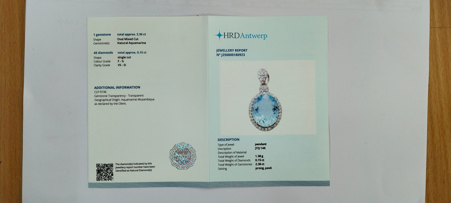 2.51 Ct Oval Mixed Cut Natural Aquamarine 14K Gold Pendant
