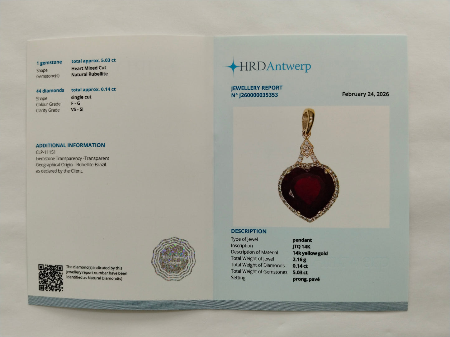 5.17 Ct Heart Mixed Cut Natural Rubellite 14K Gold Pendant