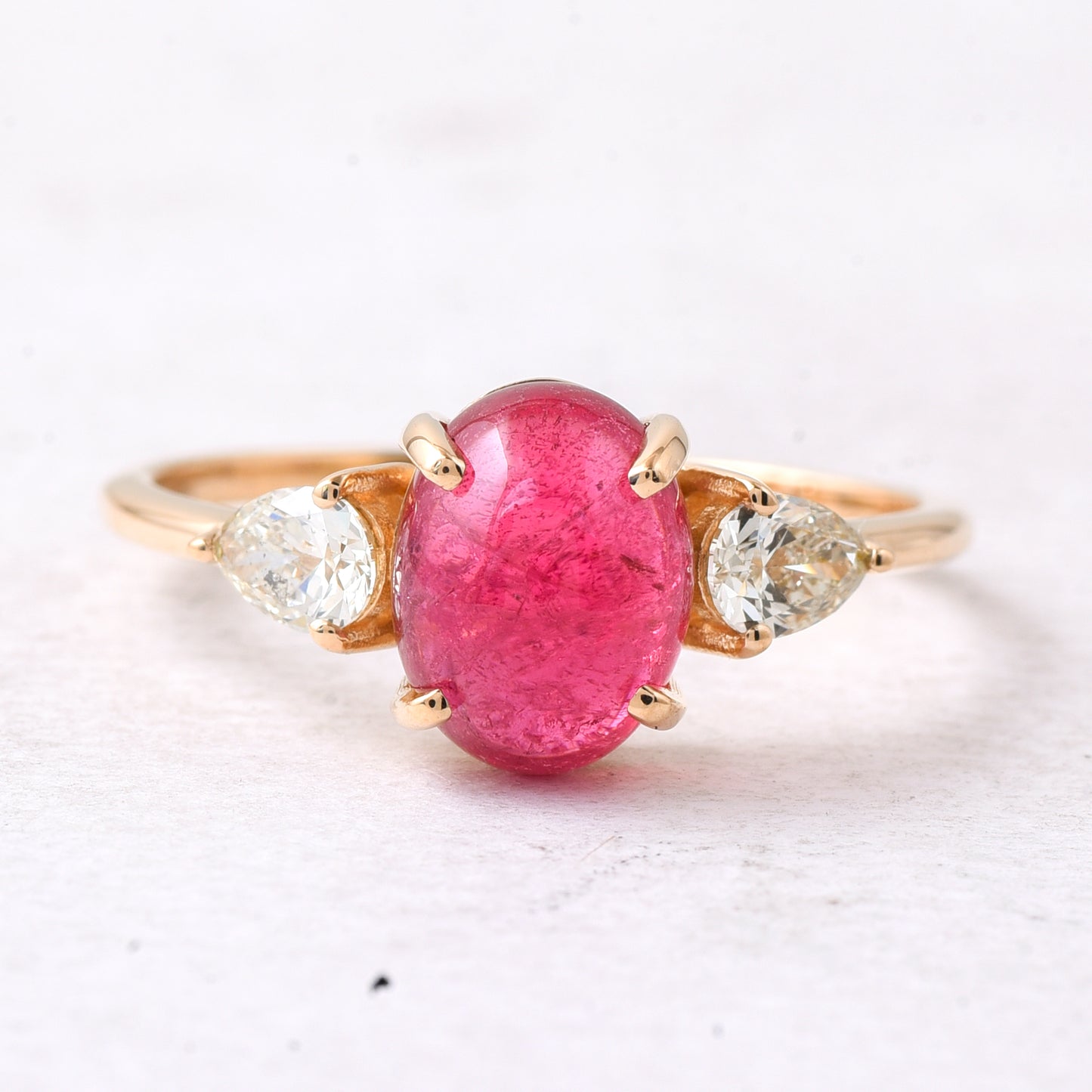 2.52 Ct Oval Cabochon Cut Natural Pink Tourmaline 14K Gold Ring
