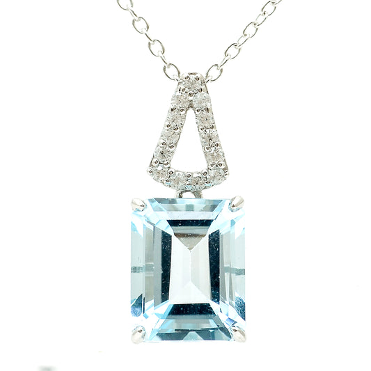 4.27 Ct Octagon Blue Topaz, White Zircon 925 Sterling Silver Pendant