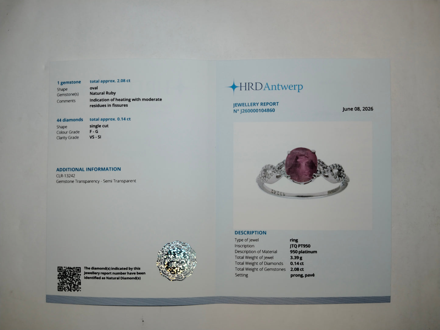 2.22 Ct Oval Mixed Cut Natural Ruby 950 Platinum Ring