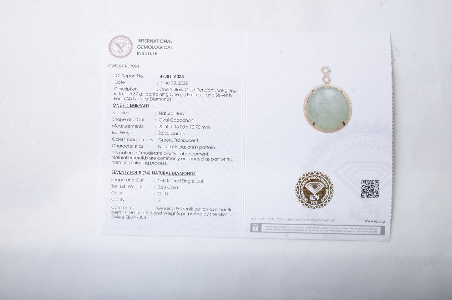 23.49 Ct Oval Cabochon Natural Beryl Emerald 14K Gold Pendant