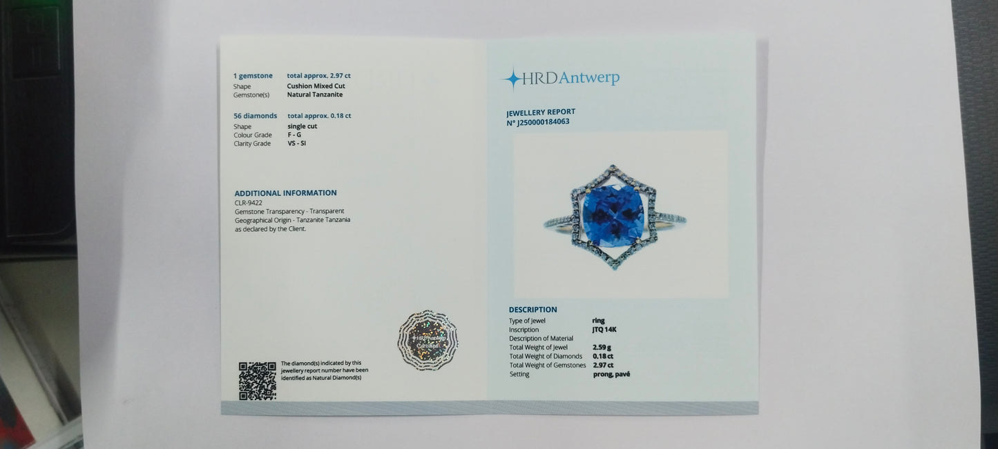 3.15 Ct Cushion Mixed Cut Natural Tanzanite 14K Gold Ring