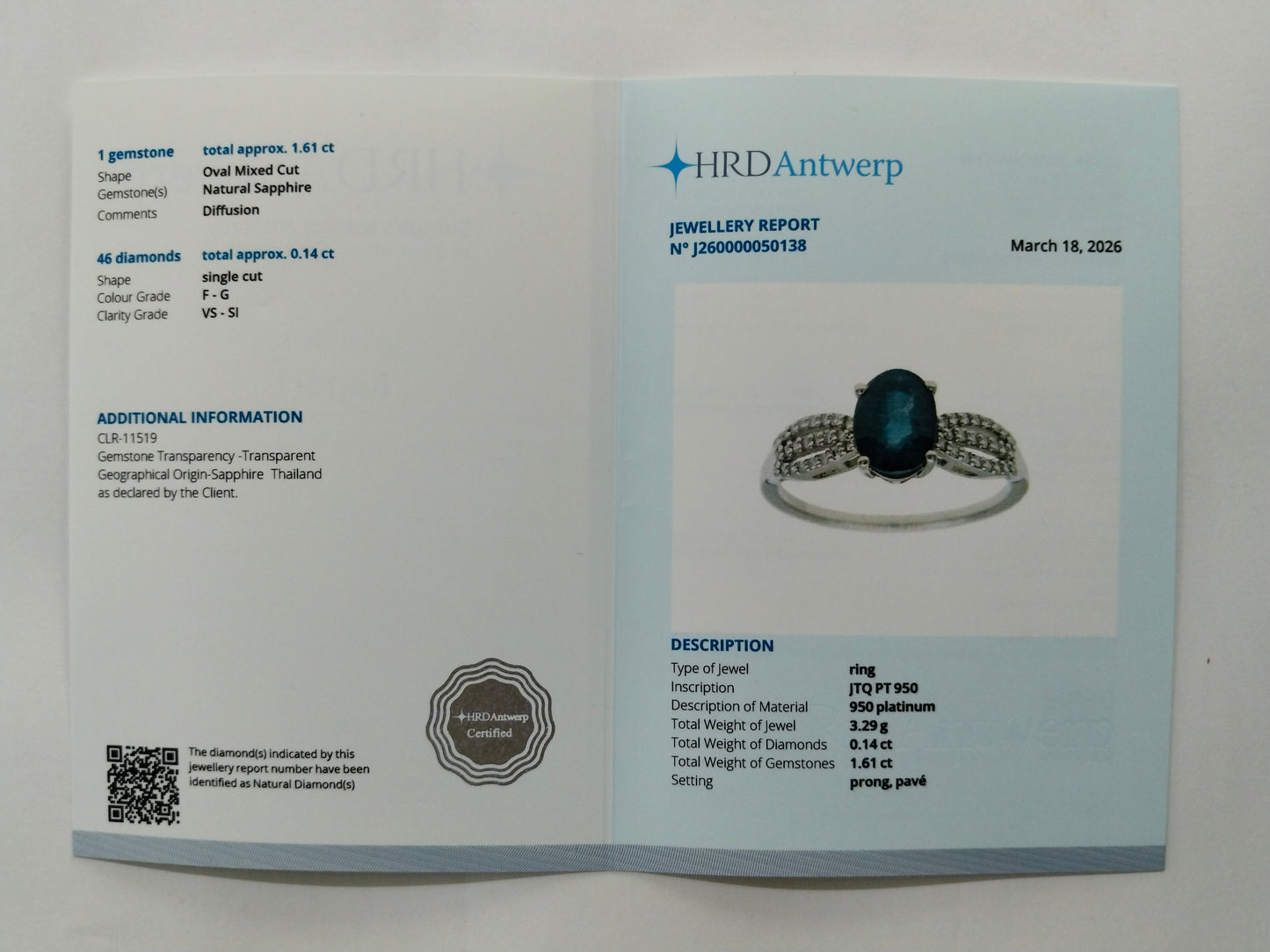 1.75 Ct Oval Mixed Cut Natural Sapphire 950 Platinum Ring