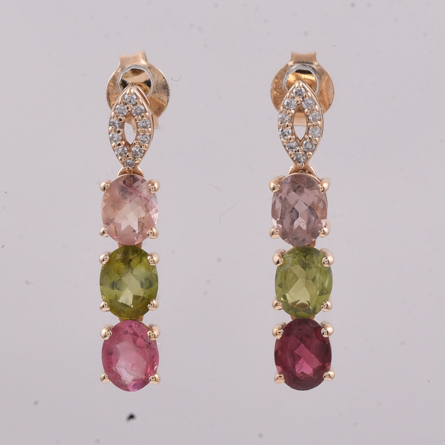 1.98 Ct Oval Natural Multi-Coloured Tourmaline 14K Gold Earrings