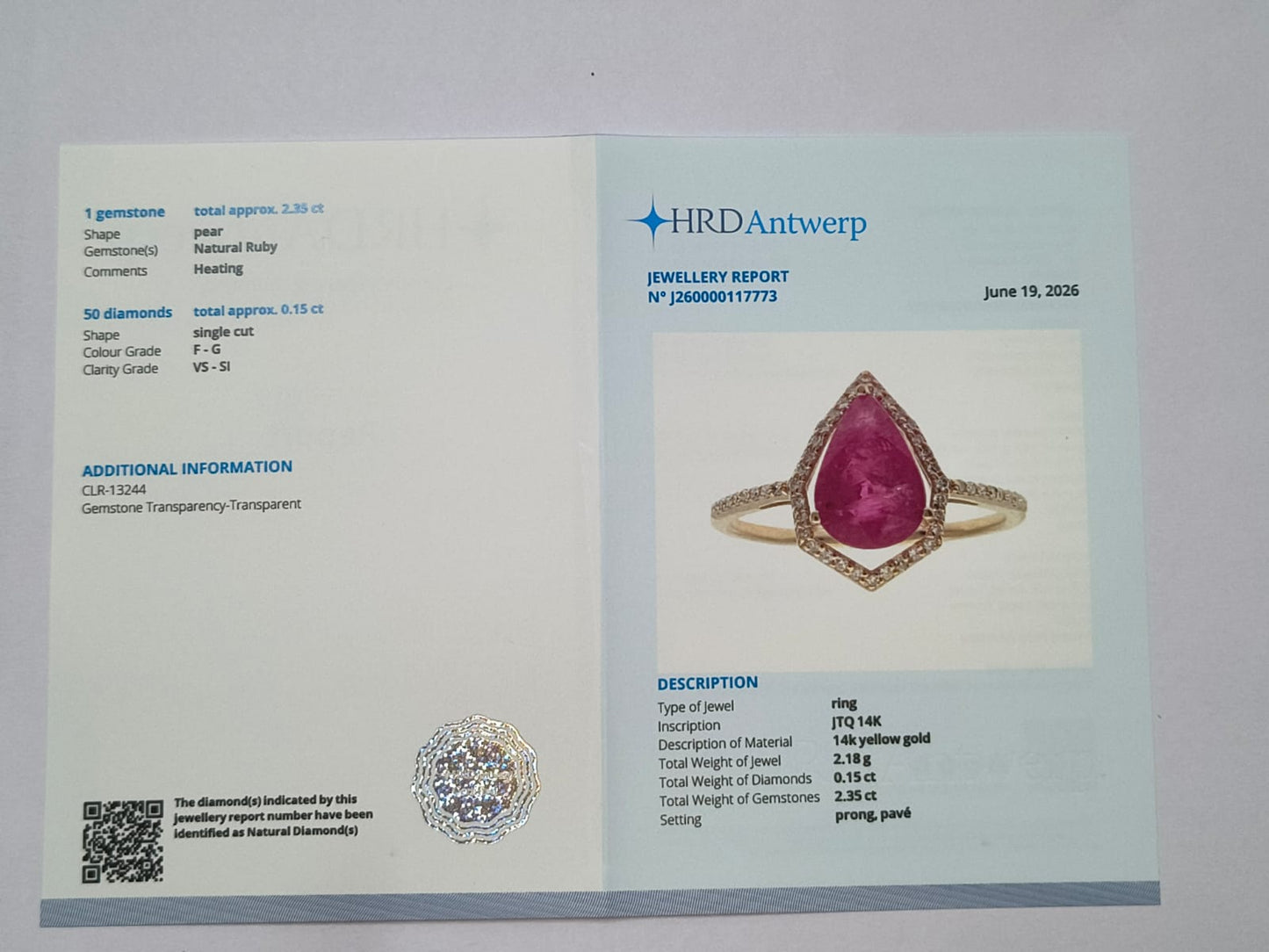 2.50 Ct Pear Natural Ruby 14K Gold Ring